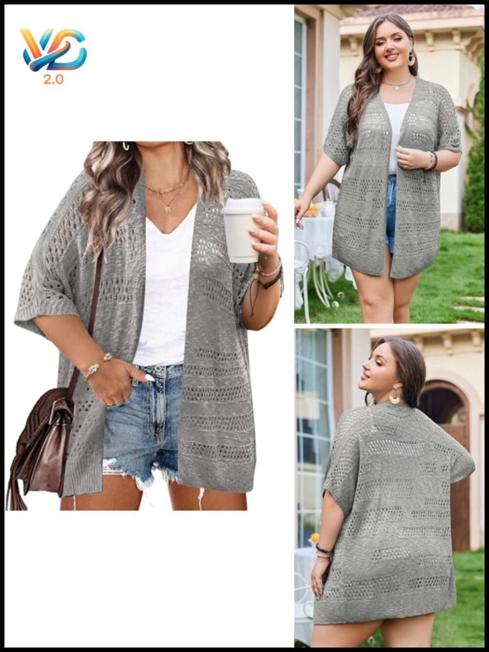 Plus Size Lightweight Crochet Cardigan - Short Sleeve Kimono Boho Open Front